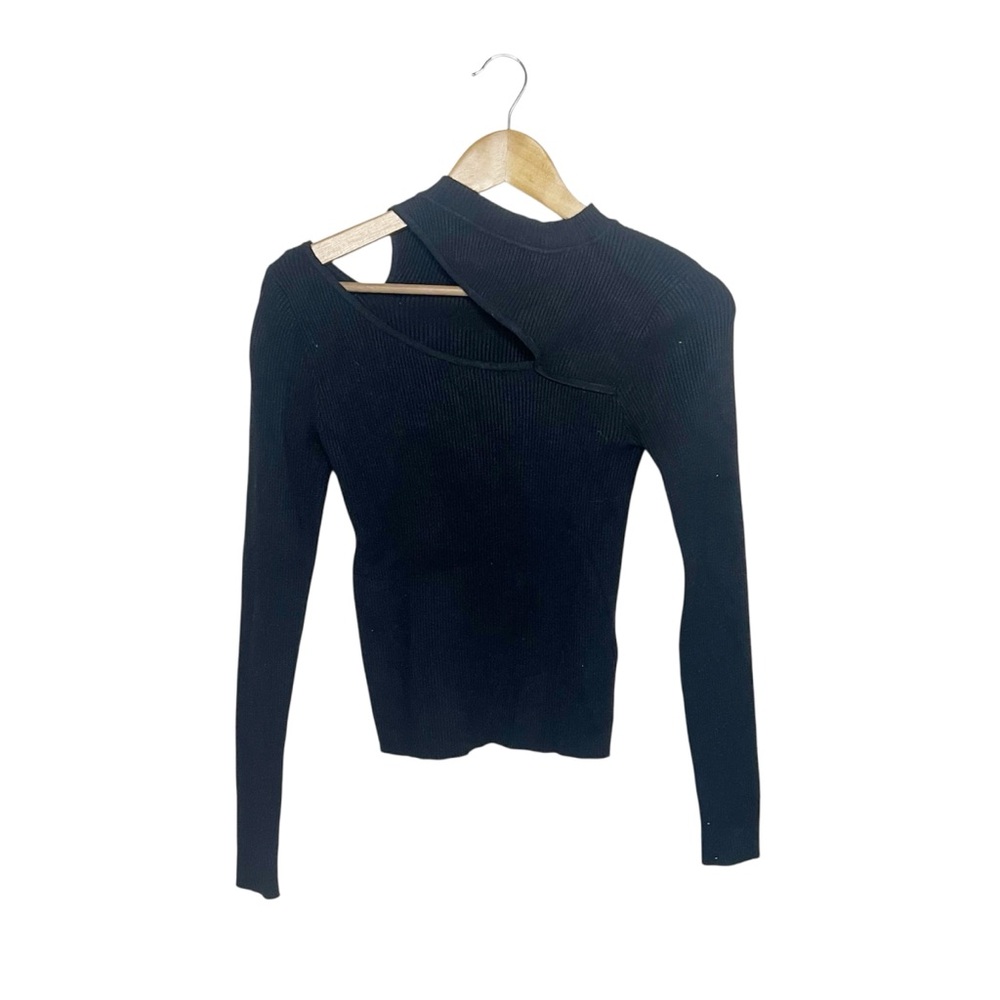 Lucy Paris Bare Shoulder Black Ribbed Long Sleeve Top XS Cold High Neck Basic